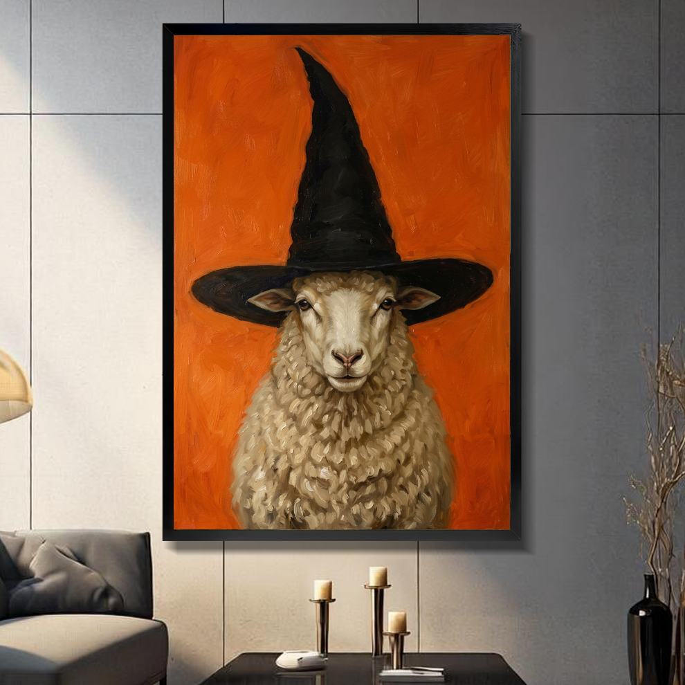 Black framed sheep in witch hat canvas on a dark paneled wall beside warm candles.