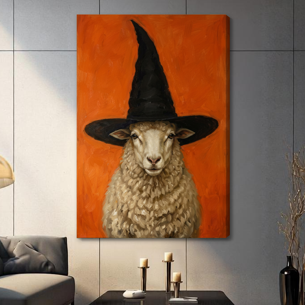 Stretched sheep in witch hat canvas with a shaded wrapped edge in the selected room setting.