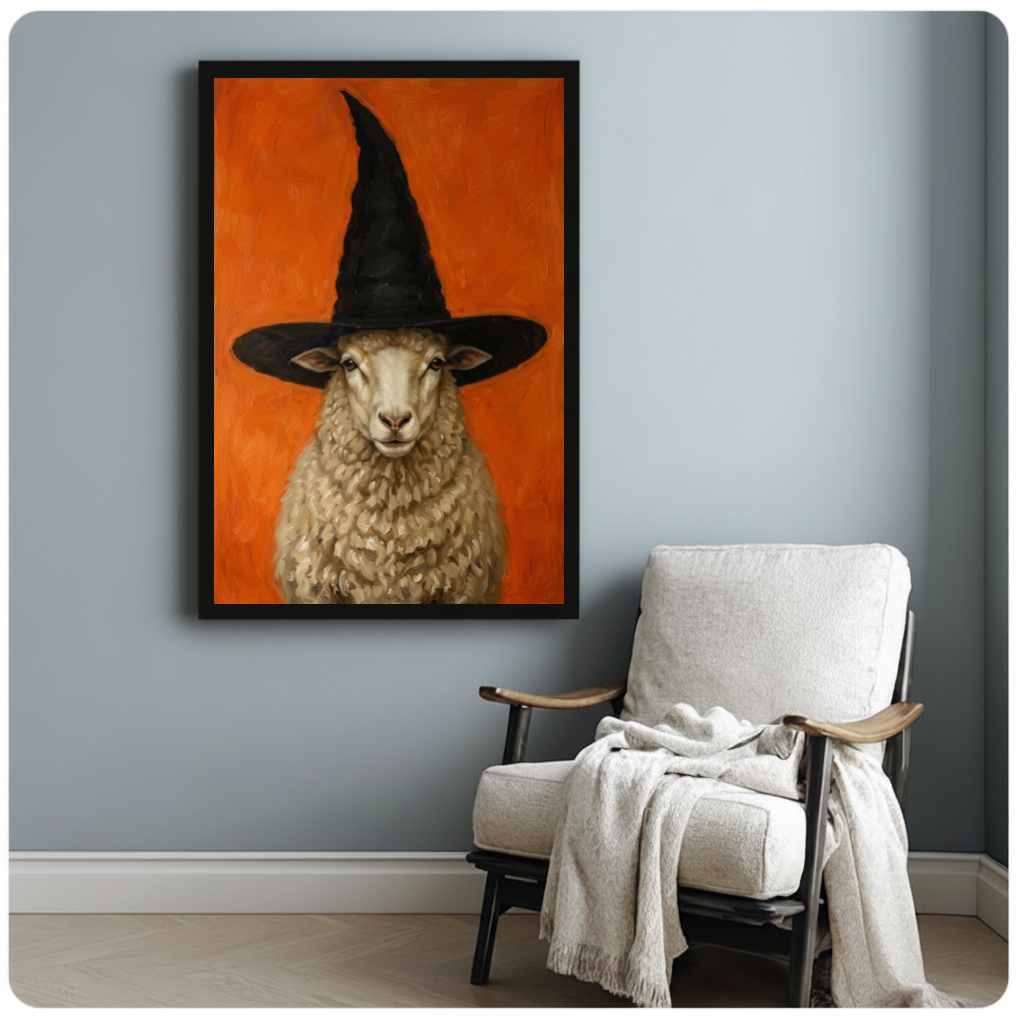 Framed sheep in witch hat canvas beside a pale reading chair on a blue gray wall.