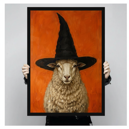 Framed sheep in witch hat canvas held by a person against a light neutral background.