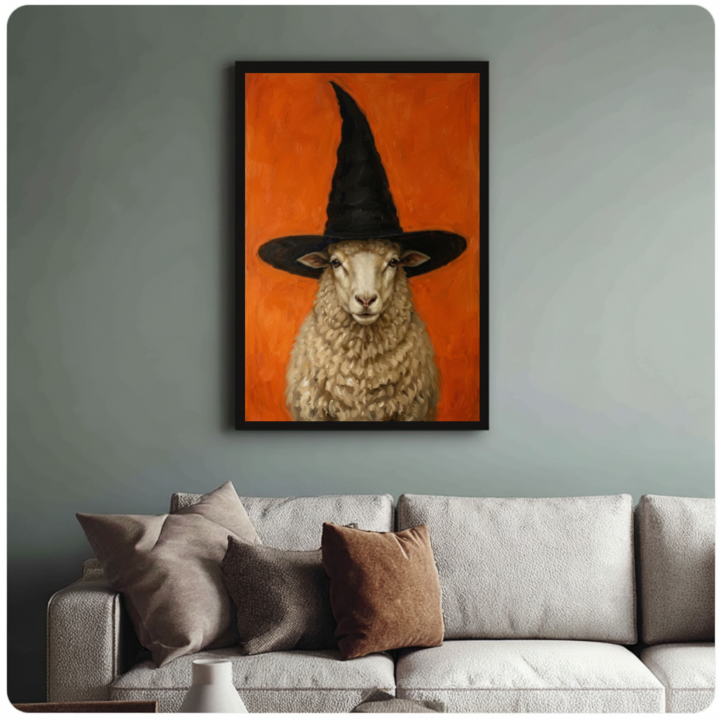 Framed sheep in witch hat canvas above a neutral sofa with cushions against a muted wall.