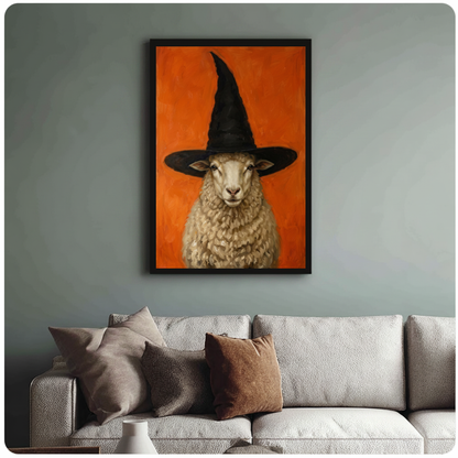 Framed sheep in witch hat canvas above a neutral sofa with cushions against a muted wall.