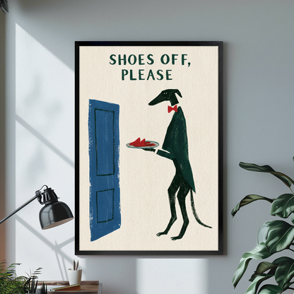 Black framed shoes off doorman dog canvas on a pale wall above a desk and plant.