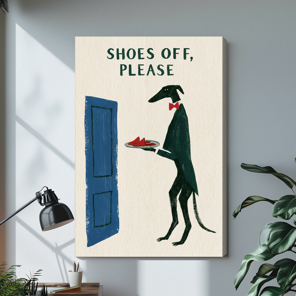 Stretched shoes off doorman dog canvas with a shaded wrapped edge in the selected room setting.