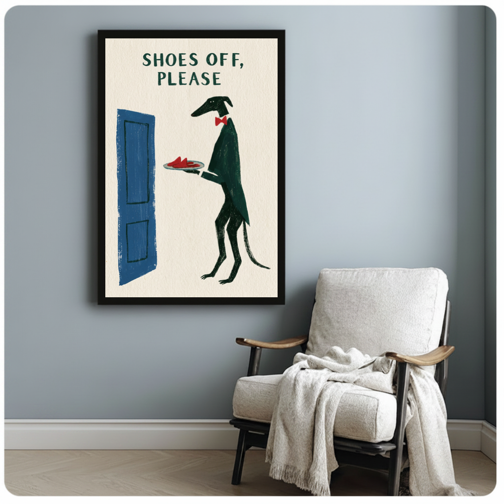 Framed shoes off doorman dog canvas beside a pale reading chair on a blue gray wall.