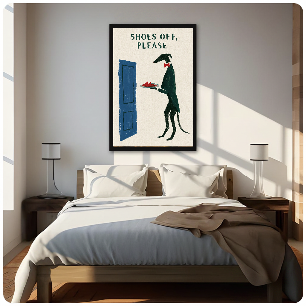 Framed shoes off doorman dog canvas above a neutral bed beside soft bedroom lighting and lamps.