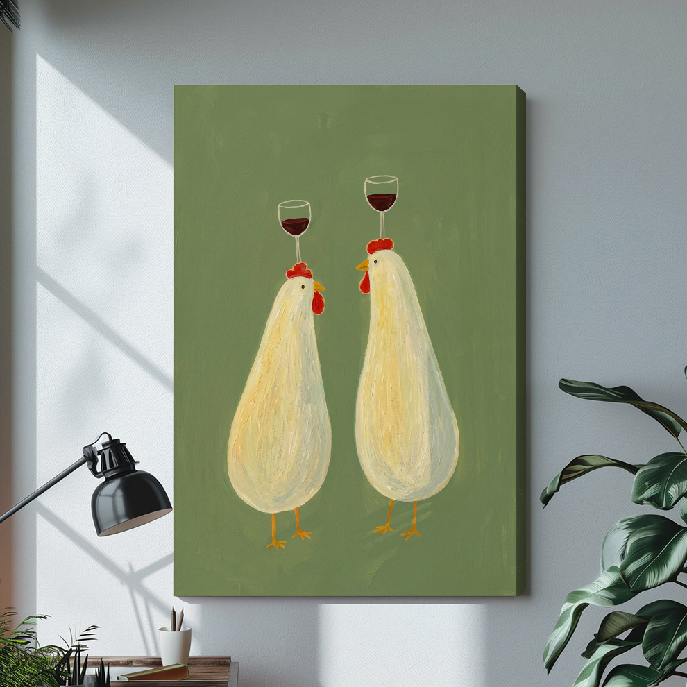 Stretched wine balancing chickens canvas with a shaded wrapped edge in the selected room setting.