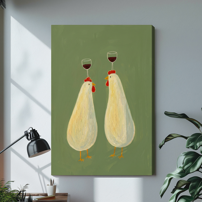 Stretched wine balancing chickens canvas with a shaded wrapped edge in the selected room setting.