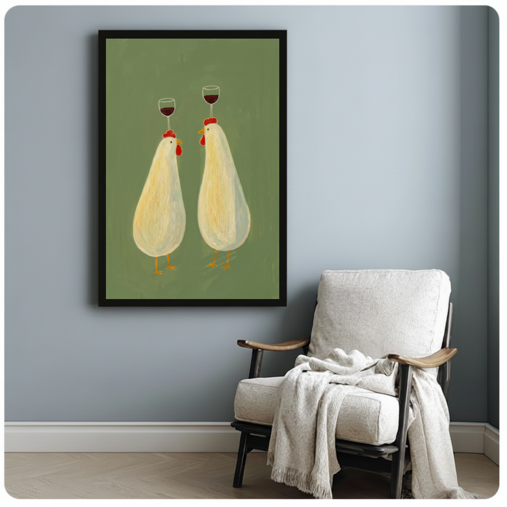 Framed wine balancing chickens canvas beside a pale reading chair on a blue gray wall.