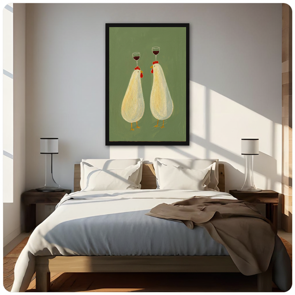 Framed wine balancing chickens canvas above a neutral bed beside soft bedroom lighting and lamps.