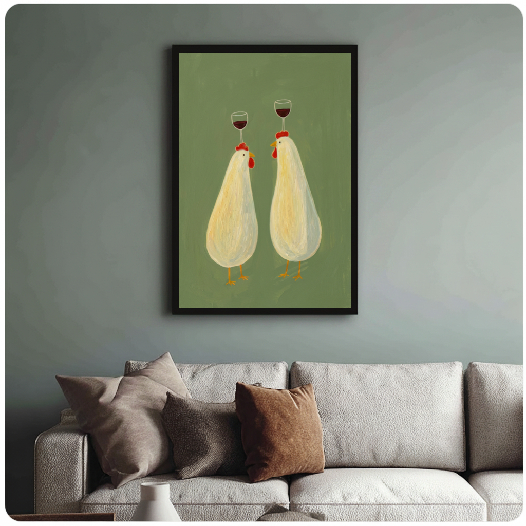 Framed wine balancing chickens canvas above a neutral sofa with cushions against a muted wall.