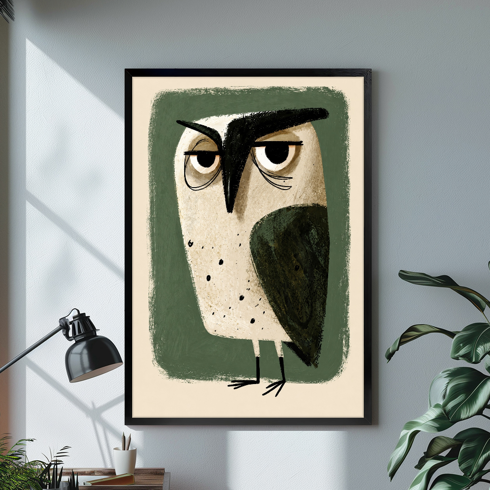 Black framed grumpy green owl canvas on a pale wall above a desk and plant.