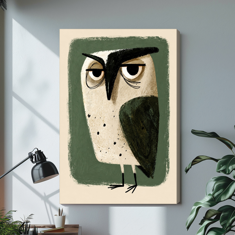 Stretched grumpy green owl canvas with a shaded wrapped edge in the selected room setting.