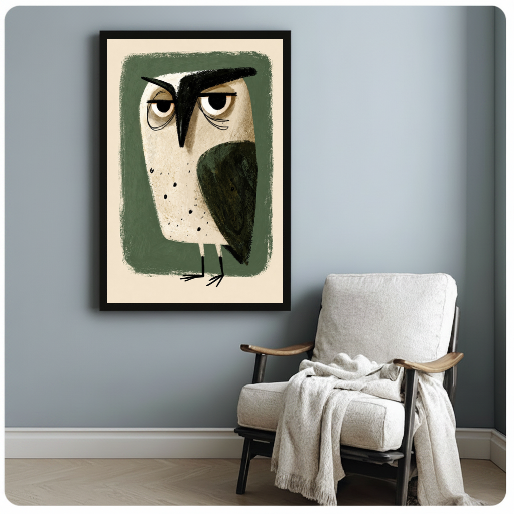 Framed grumpy green owl canvas beside a pale reading chair on a blue gray wall.