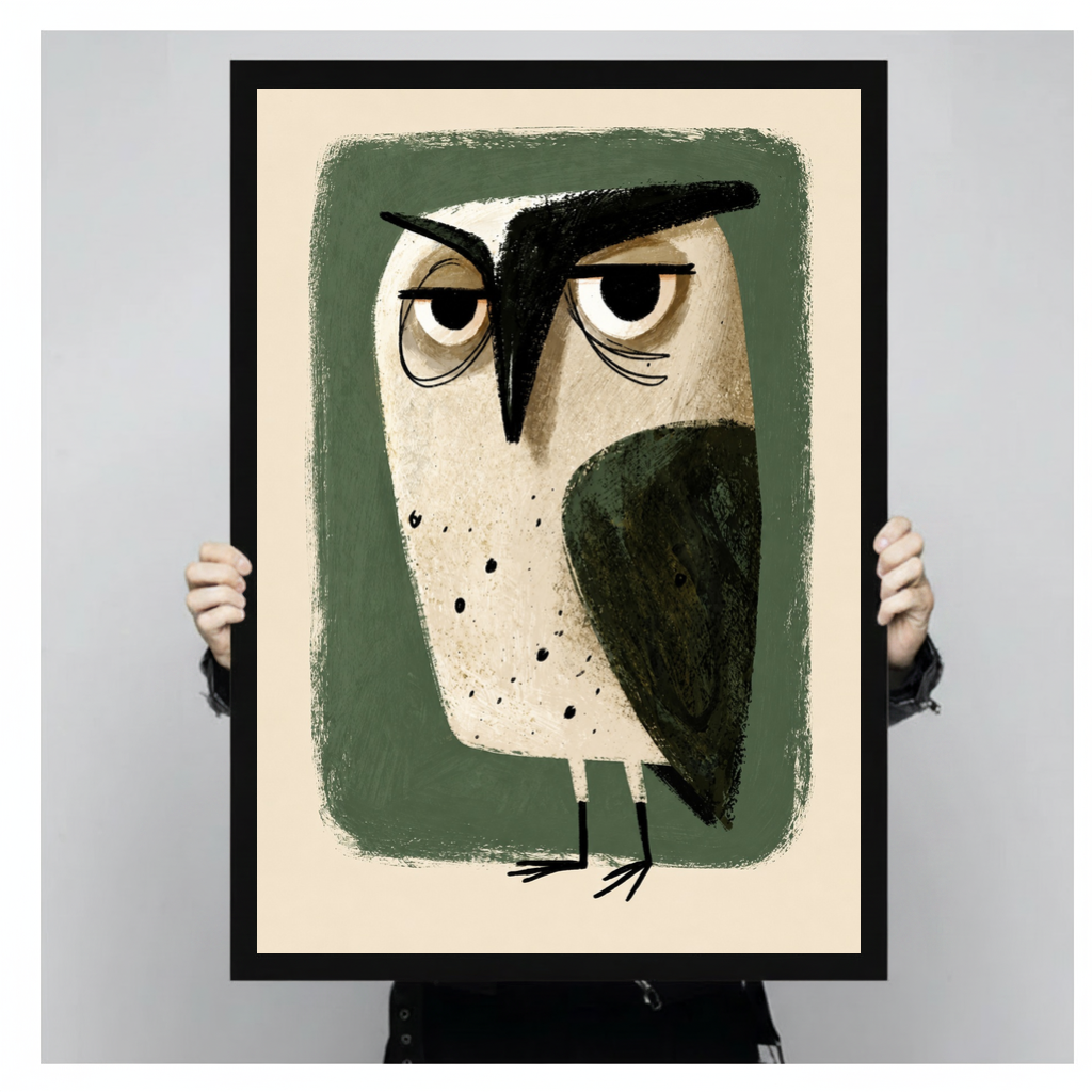Framed grumpy green owl canvas held by a person against a light neutral background.