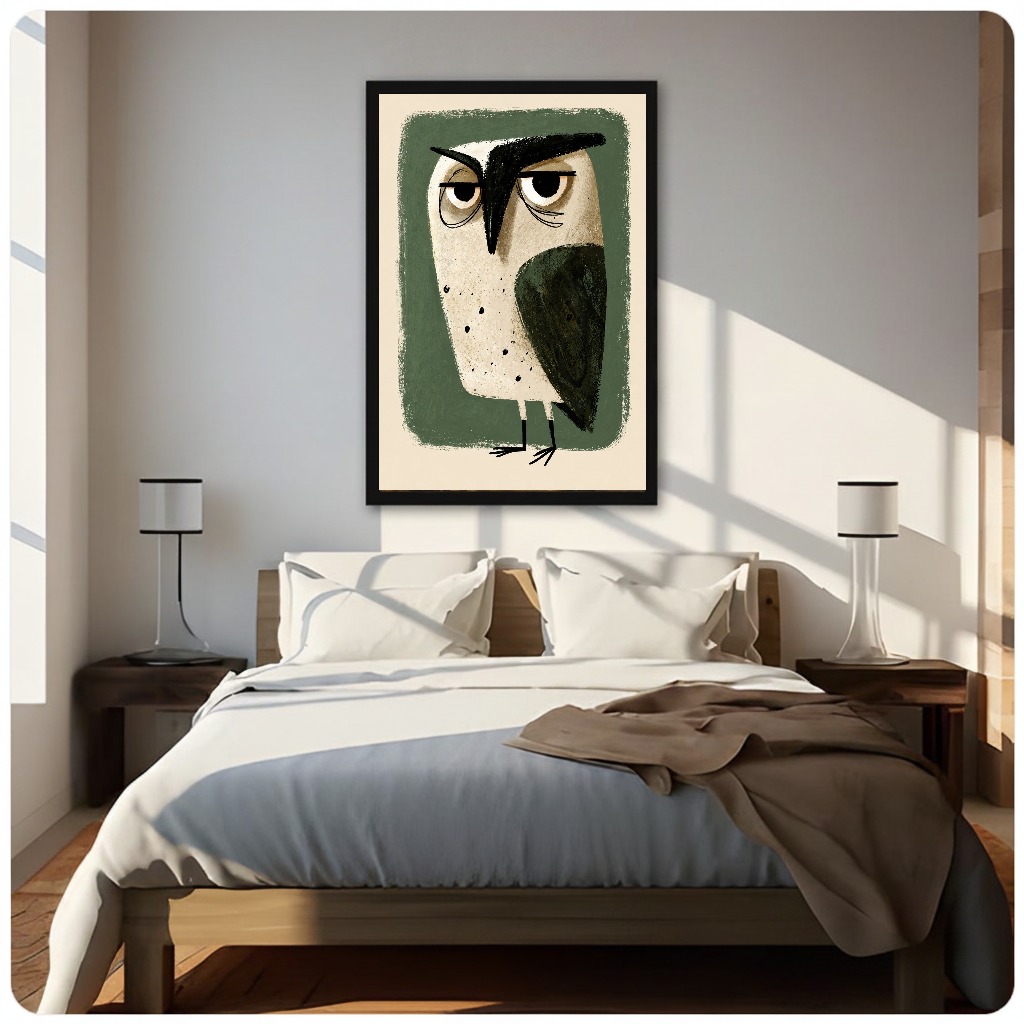 Framed grumpy green owl canvas above a neutral bed beside soft bedroom lighting and lamps.