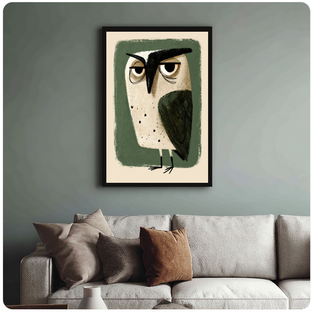 Framed grumpy green owl canvas above a neutral sofa with cushions against a muted wall.
