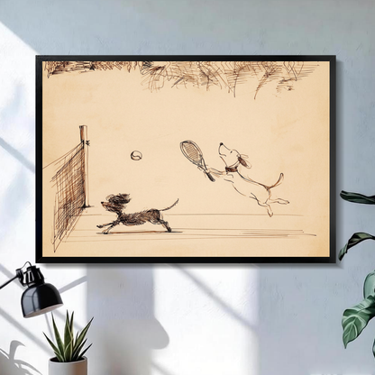 Black framed dogs playing tennis canvas on a pale wall above a desk and plant.