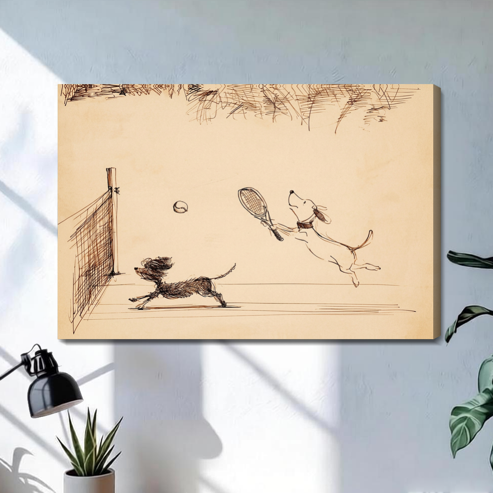 Stretched dogs playing tennis canvas with a shaded wrapped edge in the selected room setting.
