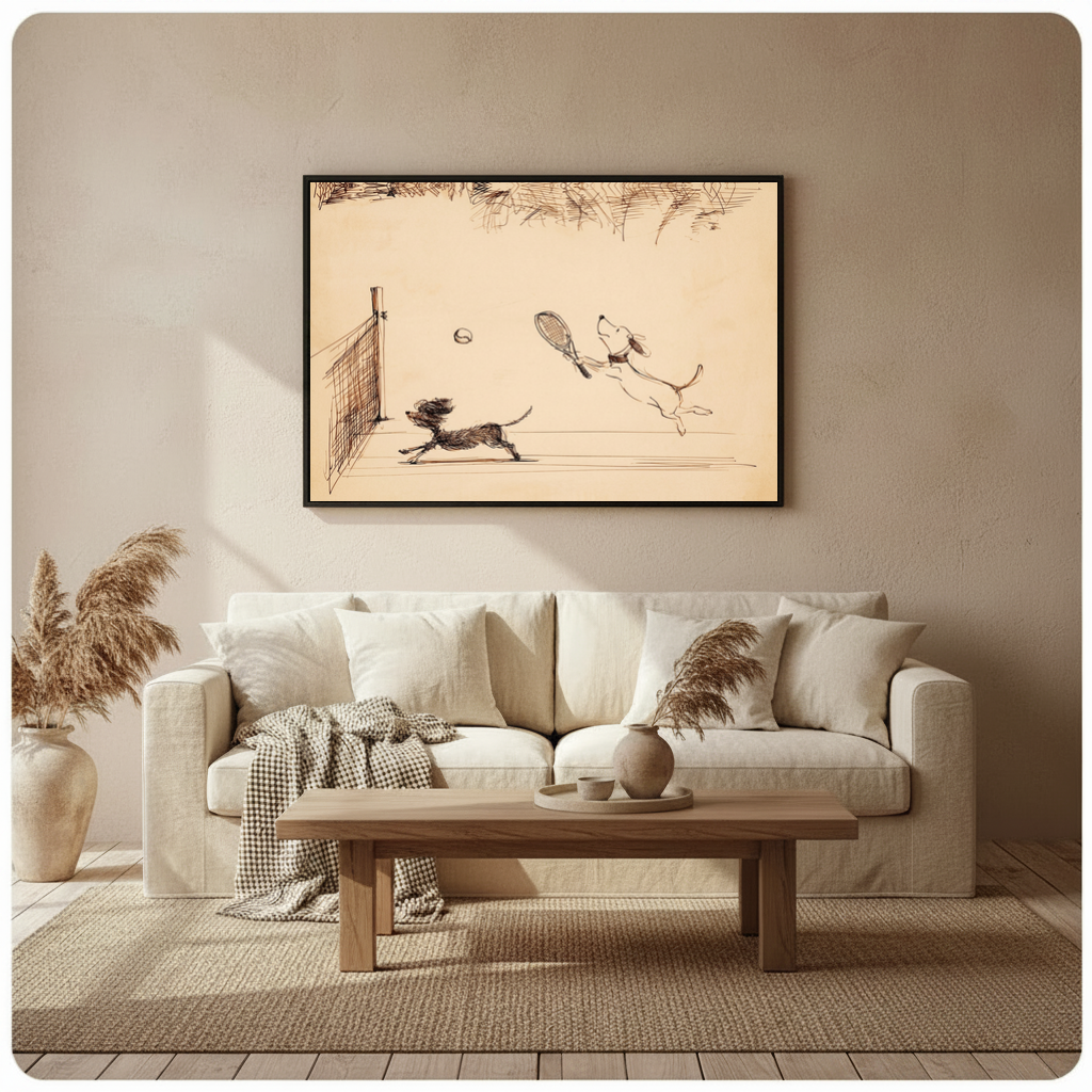 Framed dogs playing tennis canvas above a neutral sofa beside pampas grass and a coffee table.