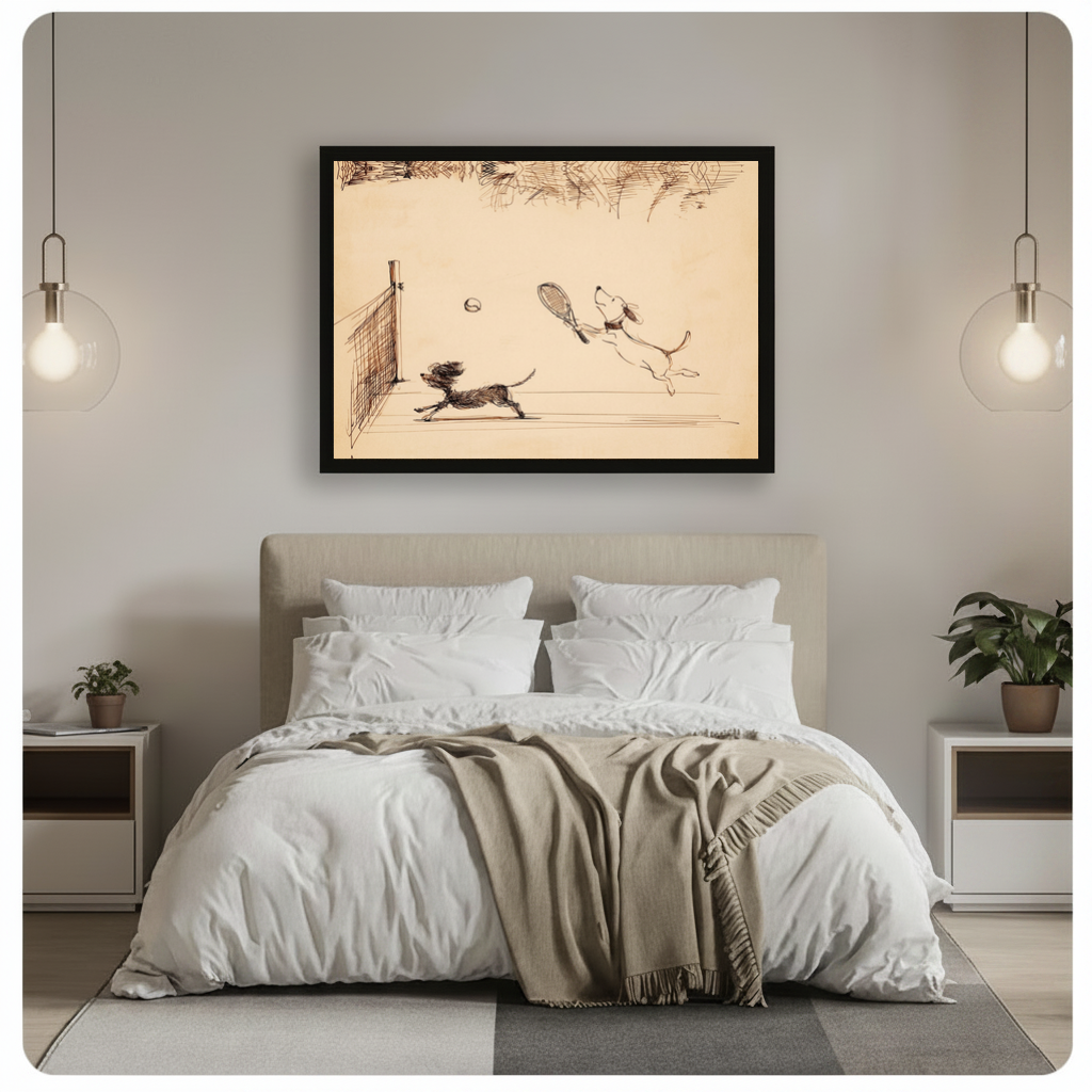 Framed dogs playing tennis canvas above a gray bed between hanging pendant lamps in a neutral bedroom.