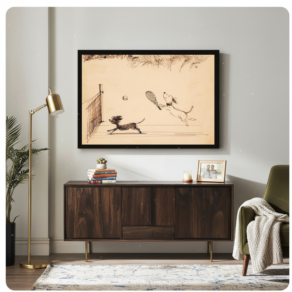 Framed dogs playing tennis canvas above a wooden sideboard beside books and an angled brass lamp.