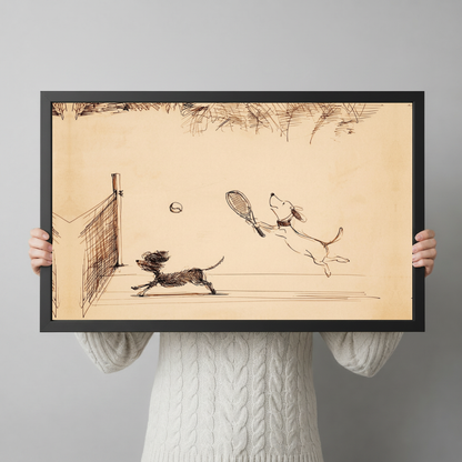 Framed dogs playing tennis canvas held horizontally by a person wearing a cream sweater against a light background.