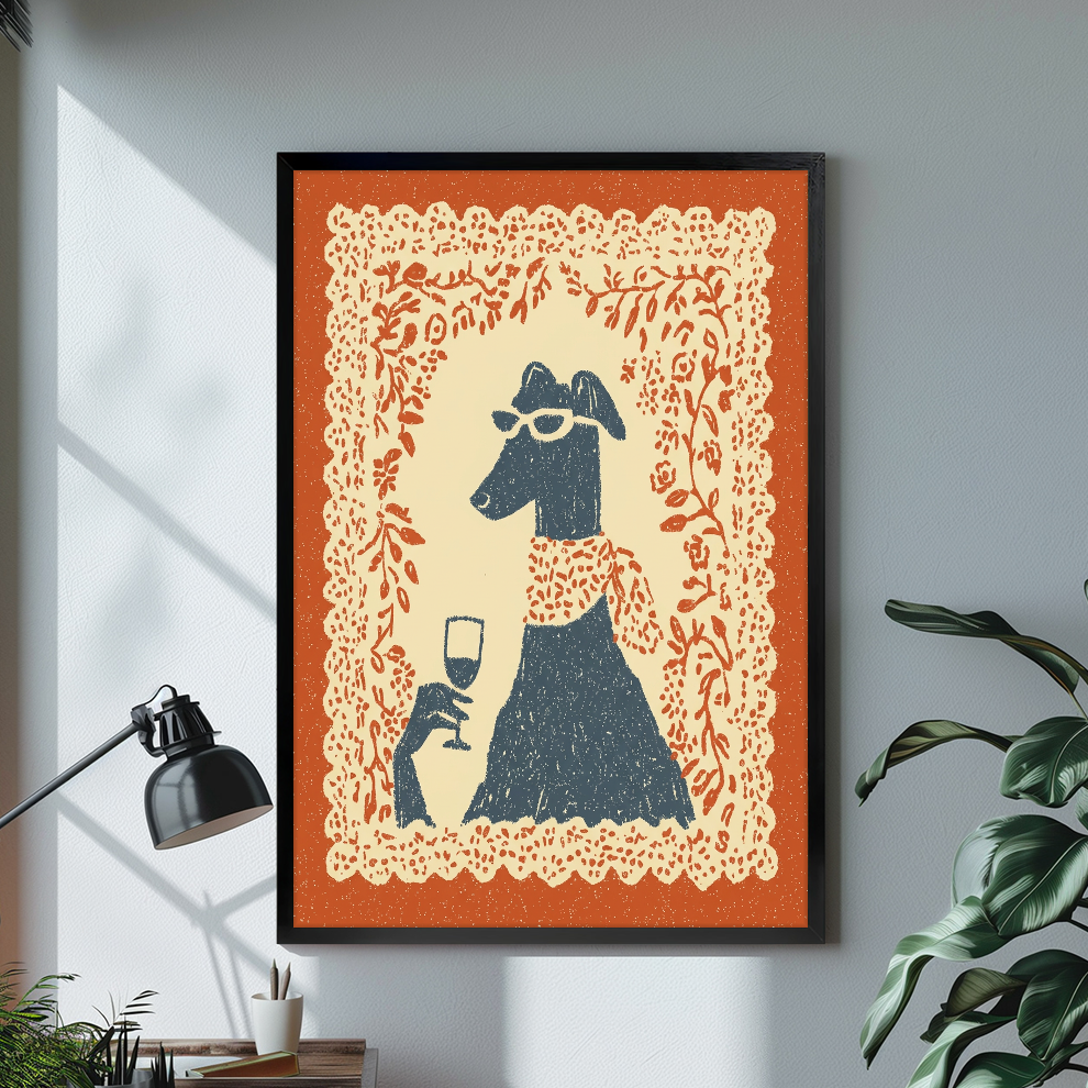 Black framed sunglasses wine dog canvas on a pale wall above a desk and plant.