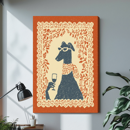 Stretched sunglasses wine dog canvas with a shaded wrapped edge in the selected room setting.
