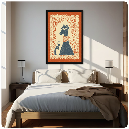 Framed sunglasses wine dog canvas above a neutral bed beside soft bedroom lighting and lamps.