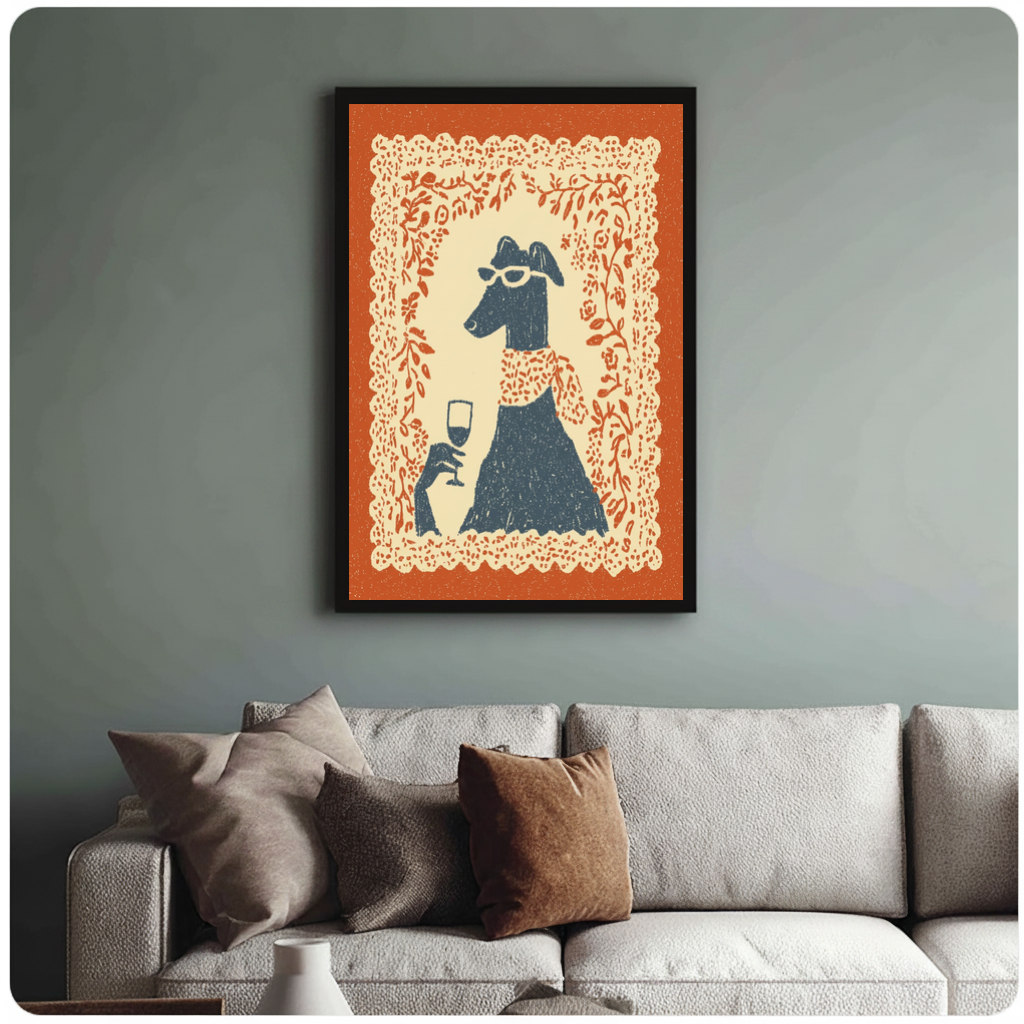 Framed sunglasses wine dog canvas above a neutral sofa with cushions against a muted wall.