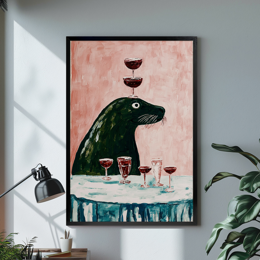 Black framed beaver wine balancing canvas on a pale wall above a desk and plant.