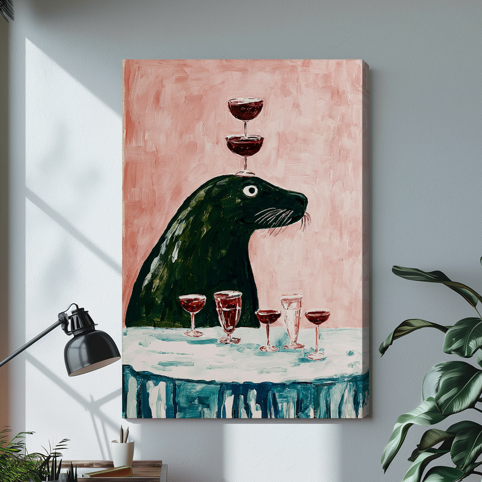 Stretched beaver wine balancing canvas with a shaded wrapped edge in the selected room setting.