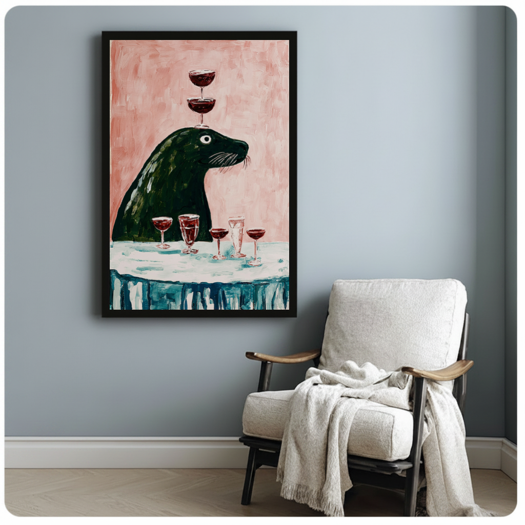 Framed beaver wine balancing canvas beside a pale reading chair on a blue gray wall.