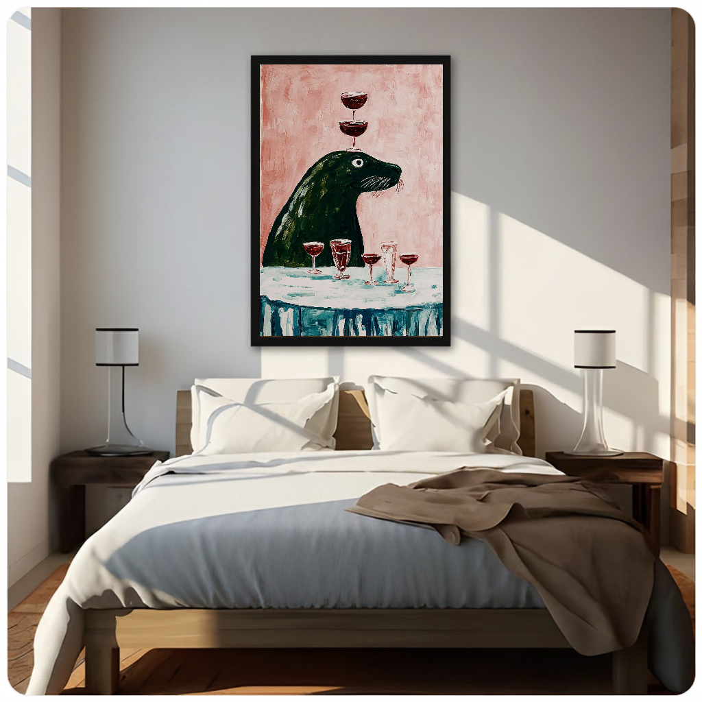Framed beaver wine balancing canvas above a neutral bed beside soft bedroom lighting and lamps.
