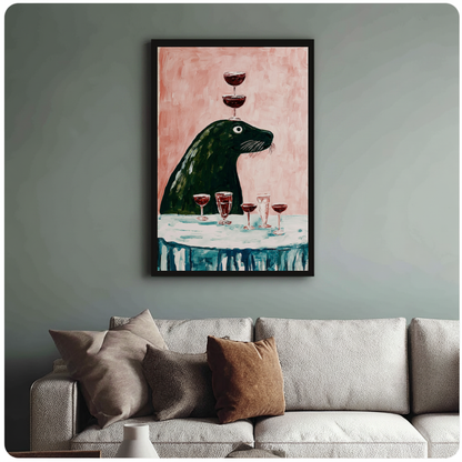 Framed beaver wine balancing canvas above a neutral sofa with cushions against a muted wall.