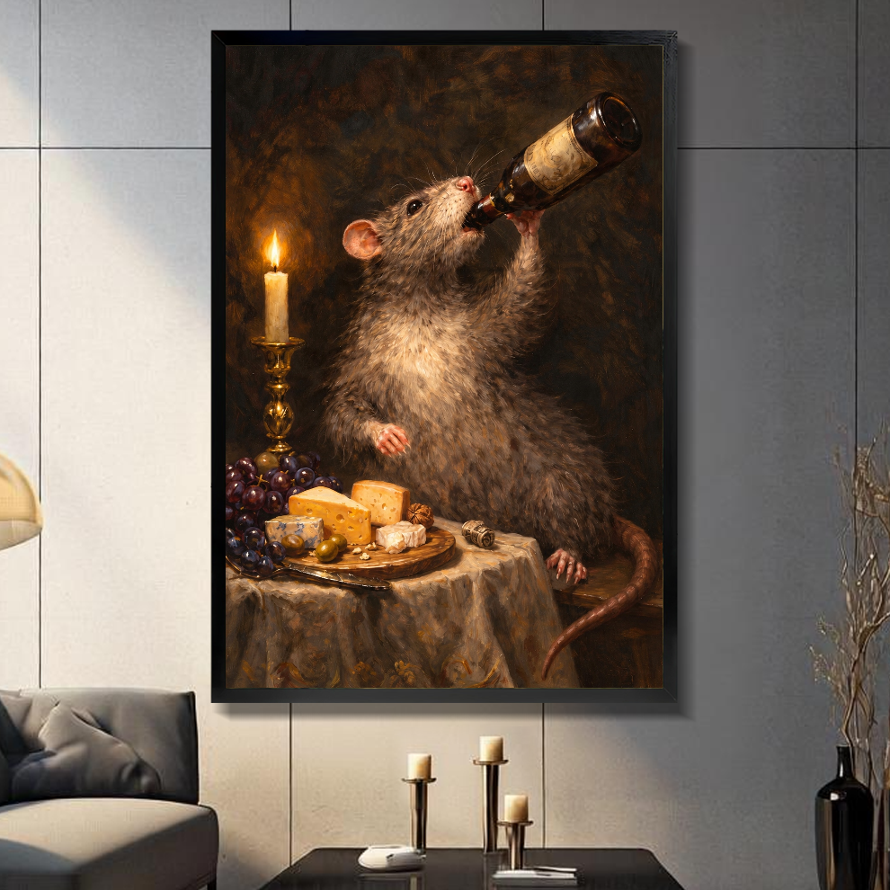 Black framed candlelit rat wine canvas on a dark paneled wall beside warm candles.
