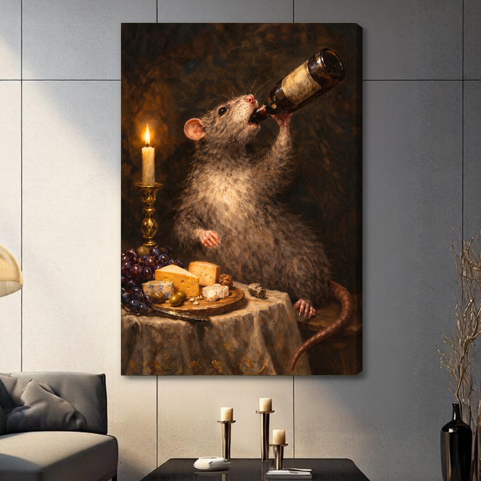 Stretched candlelit rat wine canvas with a shaded wrapped edge in the selected room setting.