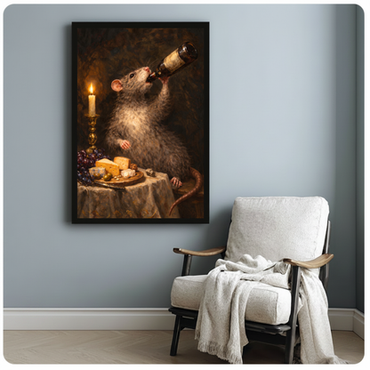 Framed candlelit rat wine canvas beside a pale reading chair on a blue gray wall.