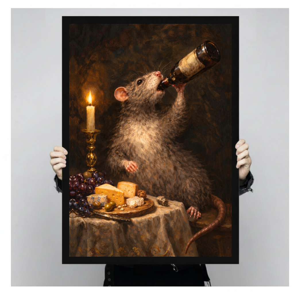 Framed candlelit rat wine canvas held by a person against a light neutral background.