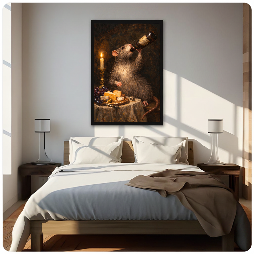 Framed candlelit rat wine canvas above a neutral bed beside soft bedroom lighting and lamps.