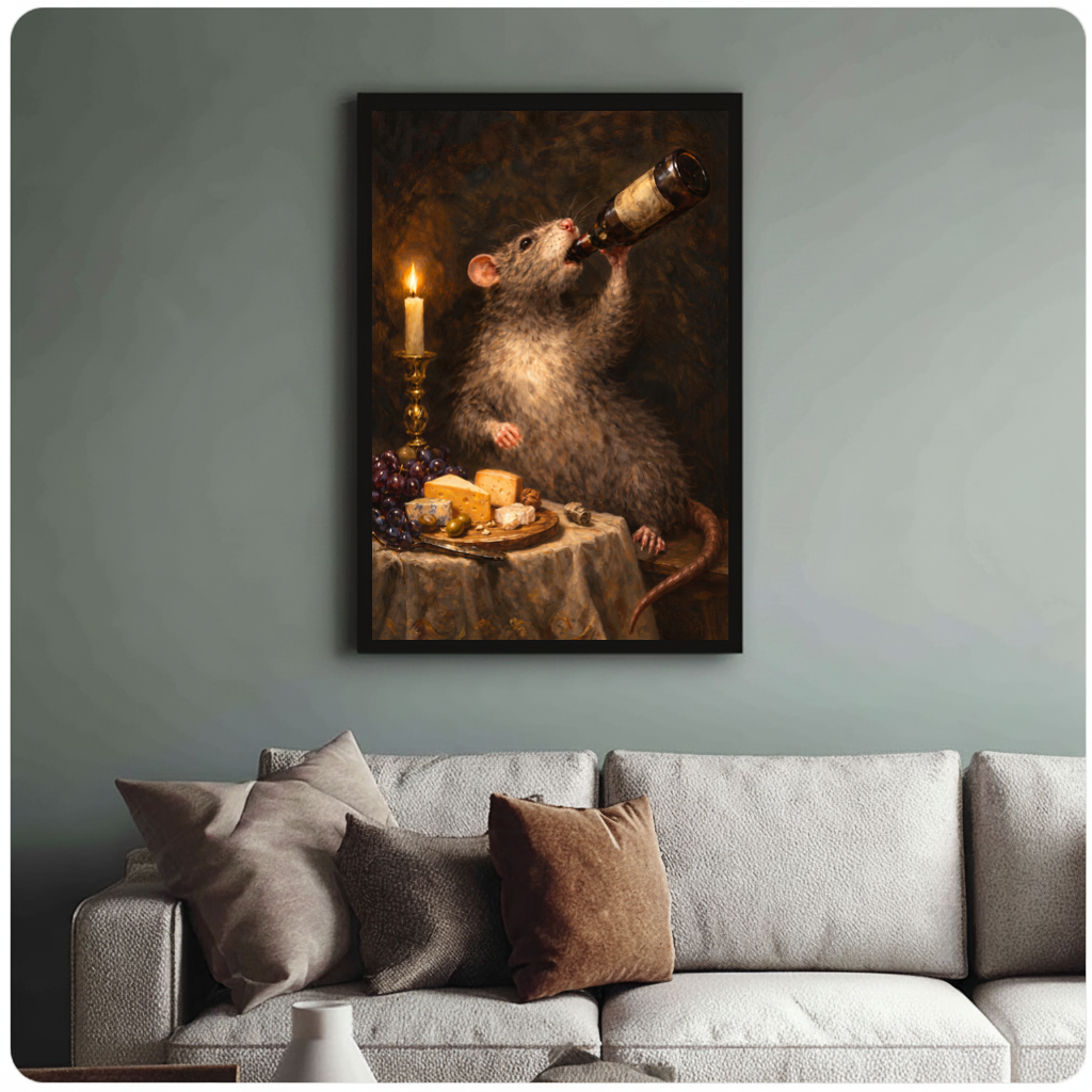 Framed candlelit rat wine canvas above a neutral sofa with cushions against a muted wall.