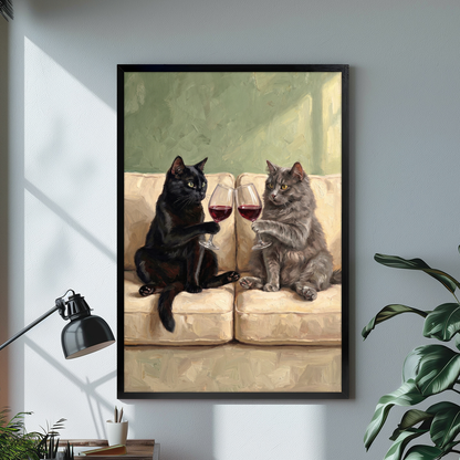 Black framed cats clinking wine canvas on a pale wall above a desk and plant.