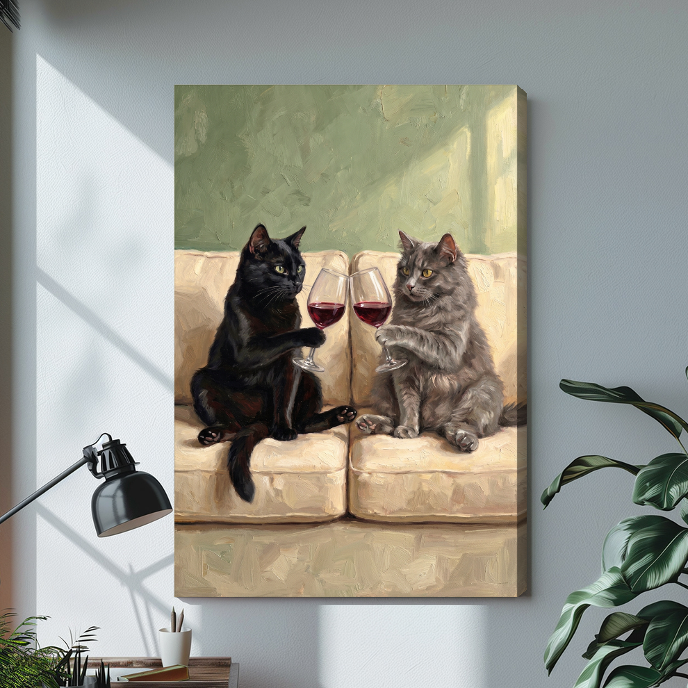 Stretched cats clinking wine canvas with a shaded wrapped edge in the selected room setting.