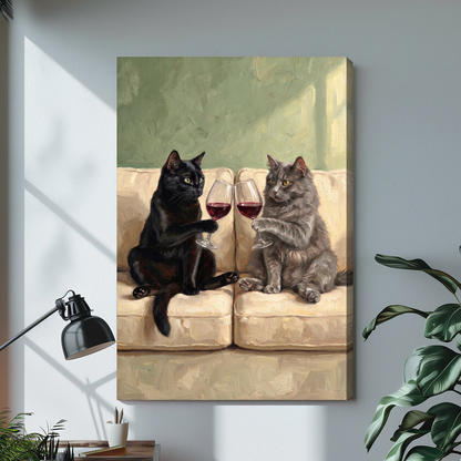 Stretched cats clinking wine canvas with a shaded wrapped edge in the selected room setting.