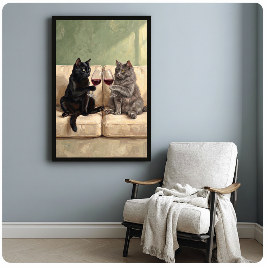 Framed cats clinking wine canvas beside a pale reading chair on a blue gray wall.