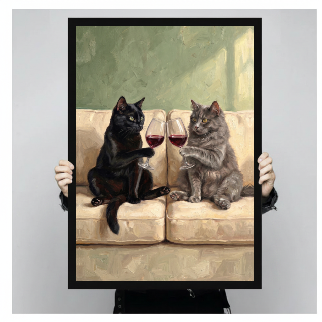 Framed cats clinking wine canvas held by a person against a light neutral background.