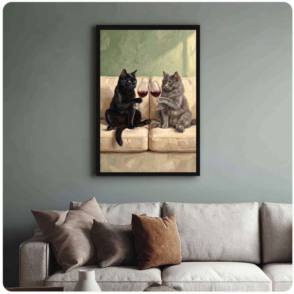 Framed cats clinking wine canvas above a neutral sofa with cushions against a muted wall.