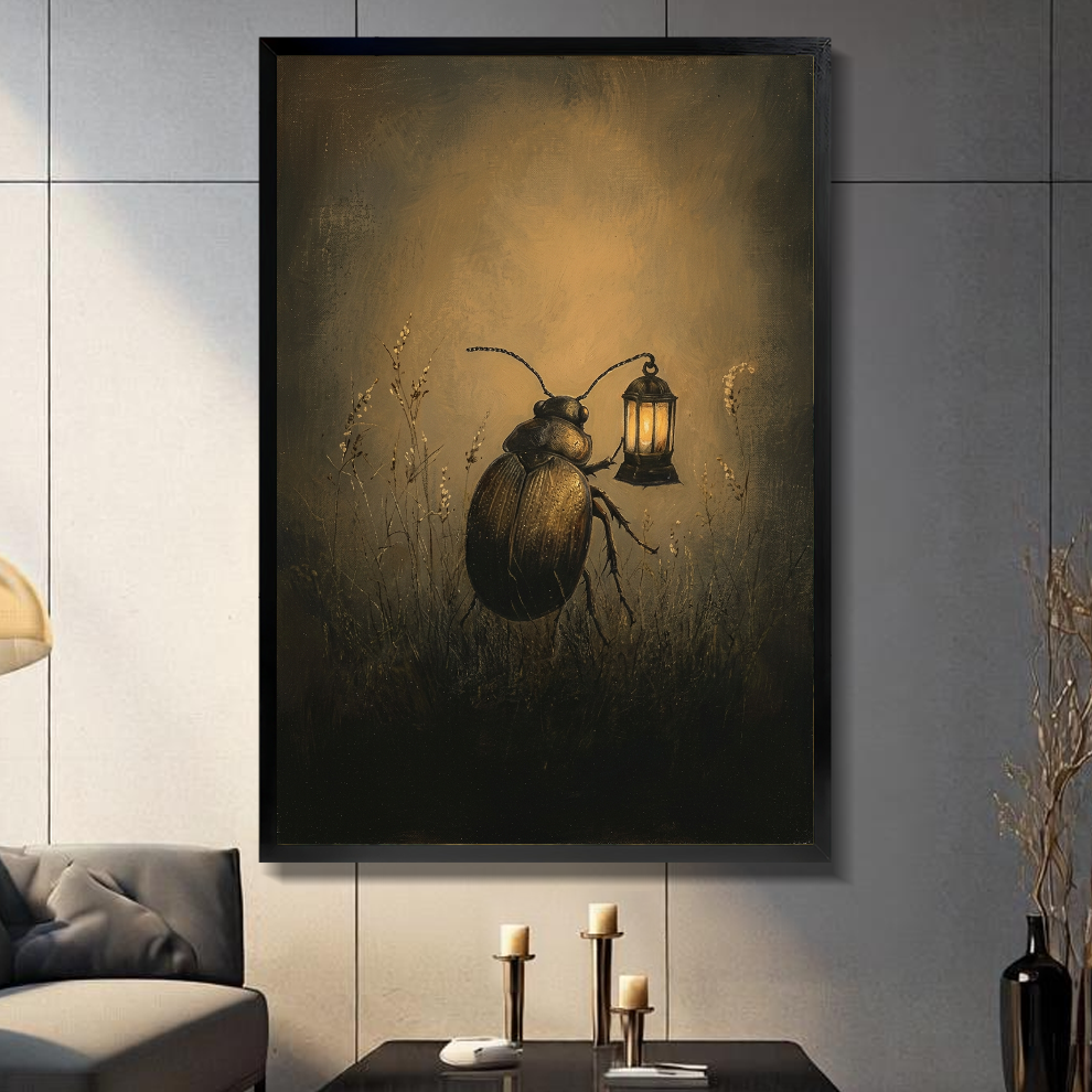 Black framed beetle carrying lantern canvas on a dark paneled wall beside warm candles.
