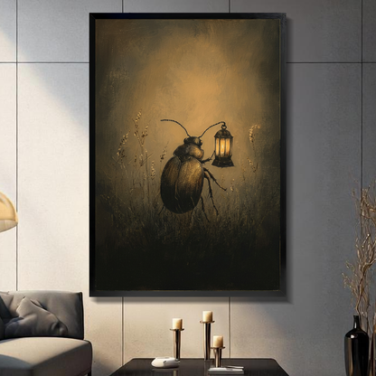 Black framed beetle carrying lantern canvas on a dark paneled wall beside warm candles.